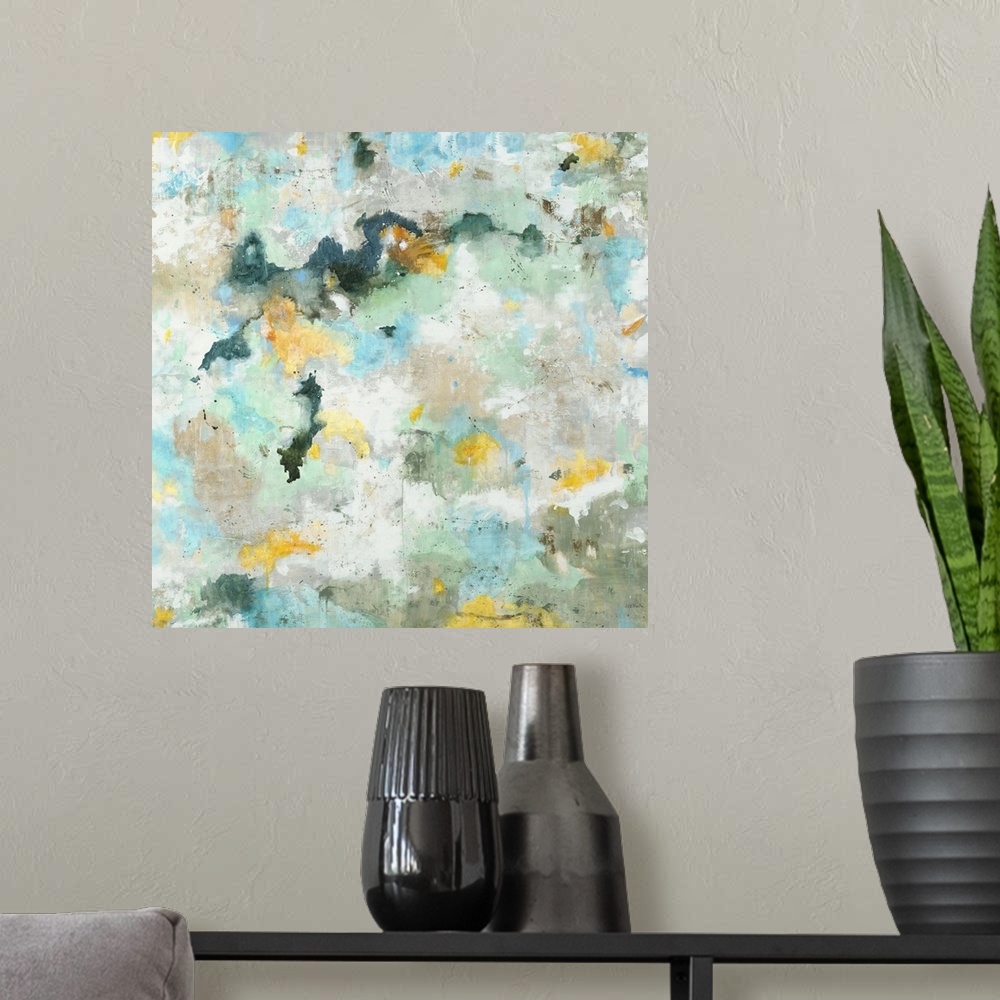 A modern room featuring A contemporary abstract painting using aqua and yellow tones.