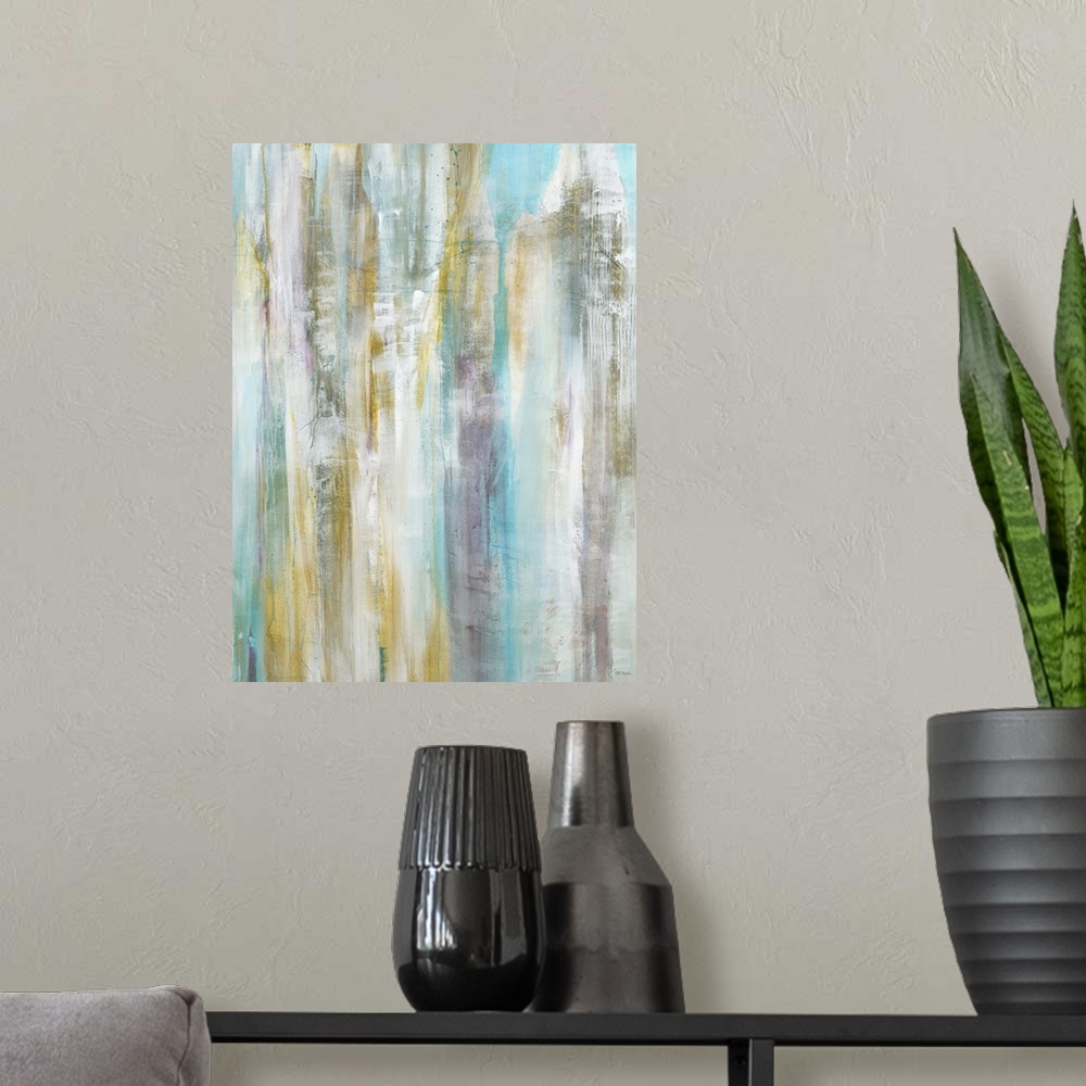 A modern room featuring Contemporary abstract painting using pale colors in vertical lines.