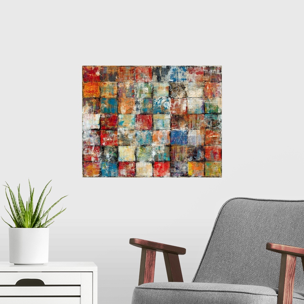 A modern room featuring Contemporary abstract painting of distressed multicolored squares lined up in a grid pattern.
