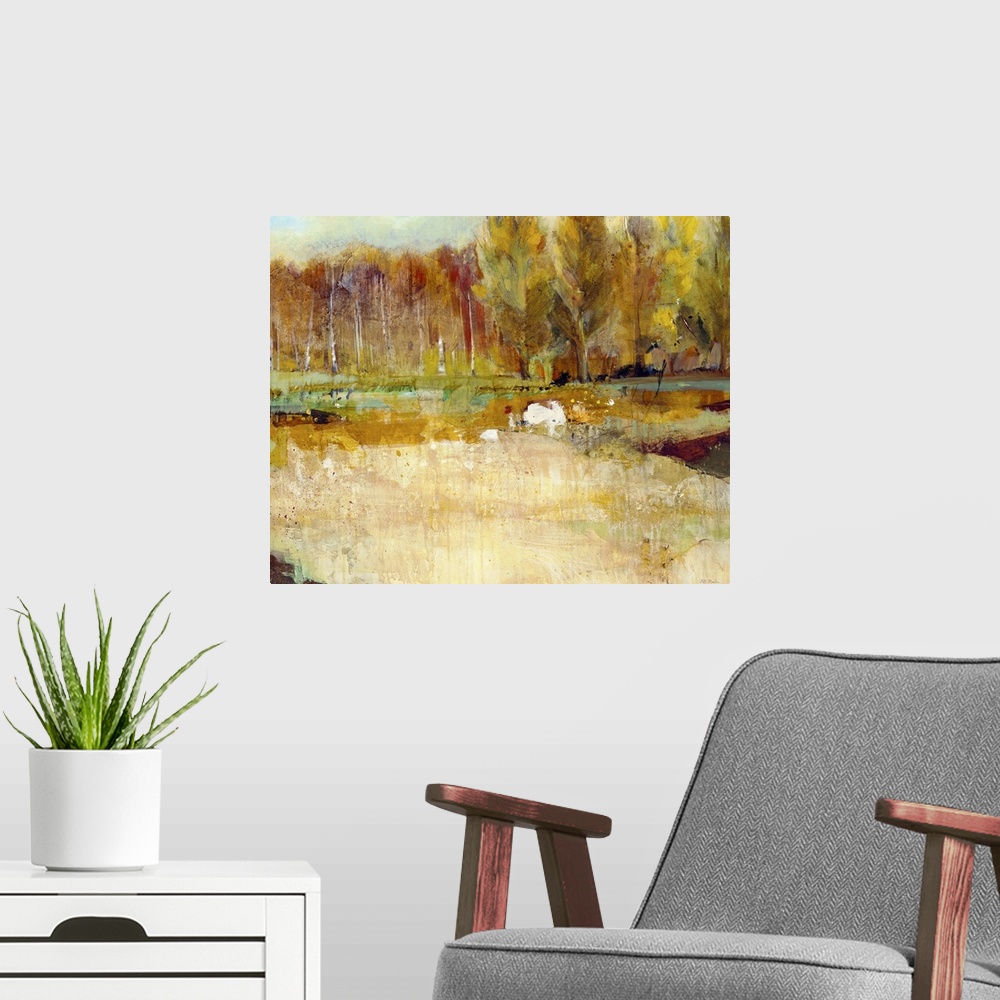 A modern room featuring Contemporary landscape painting looking at a line of trees in fall foliage.
