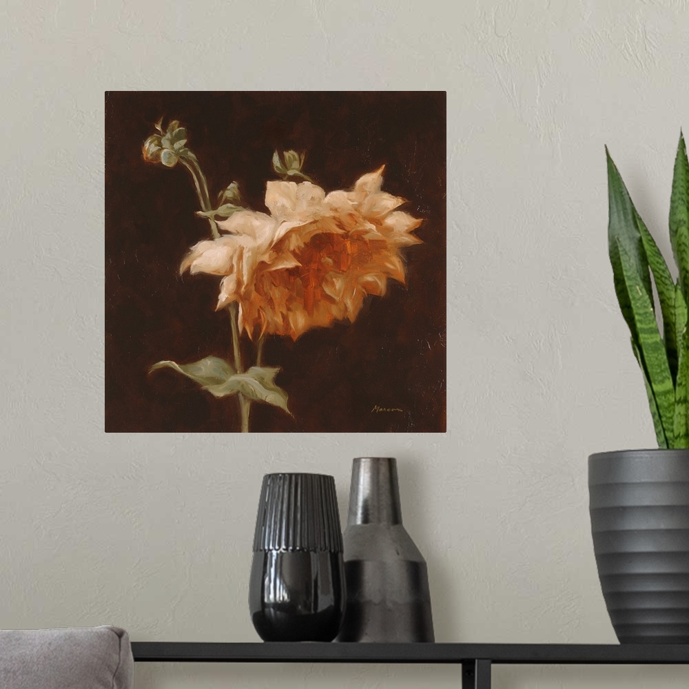 A modern room featuring A square contemporary painting of a large chrysanthemum bloom in shades of orange.