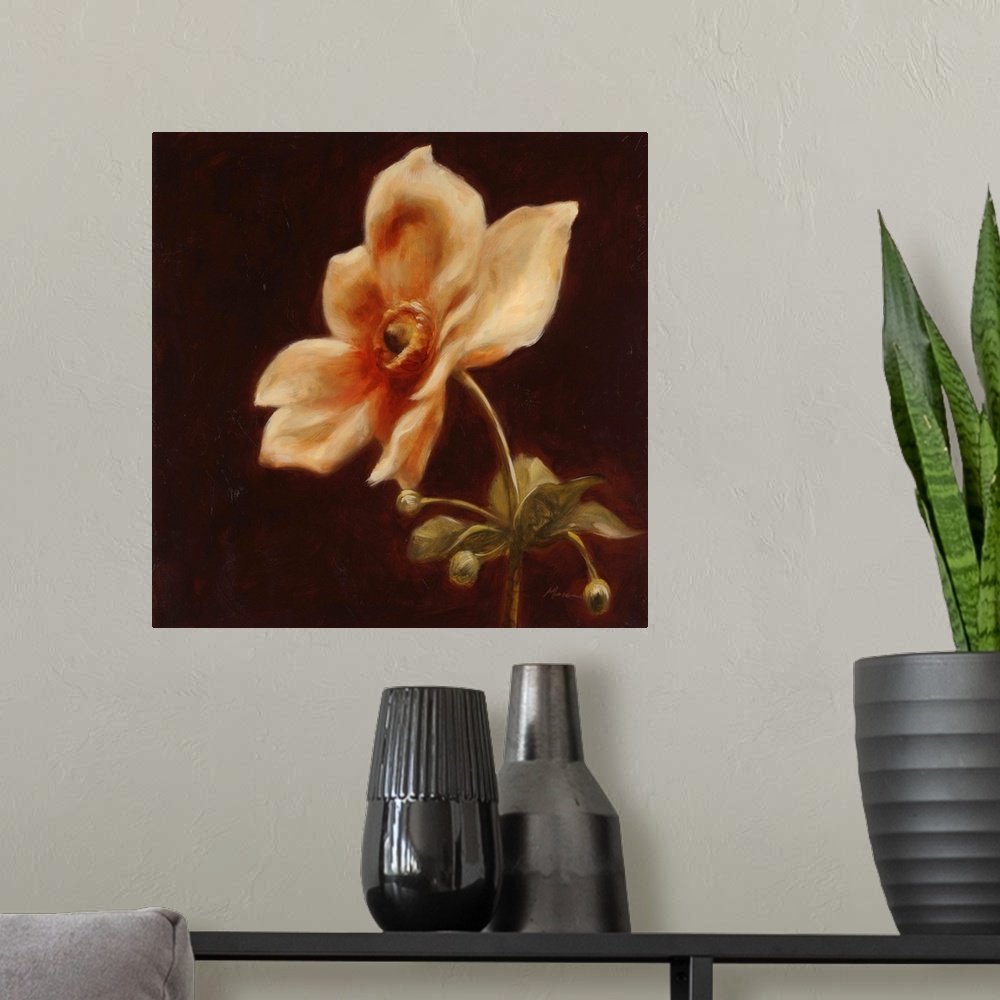 A modern room featuring A square contemporary painting of a large dahlia bloom in shades of orange.