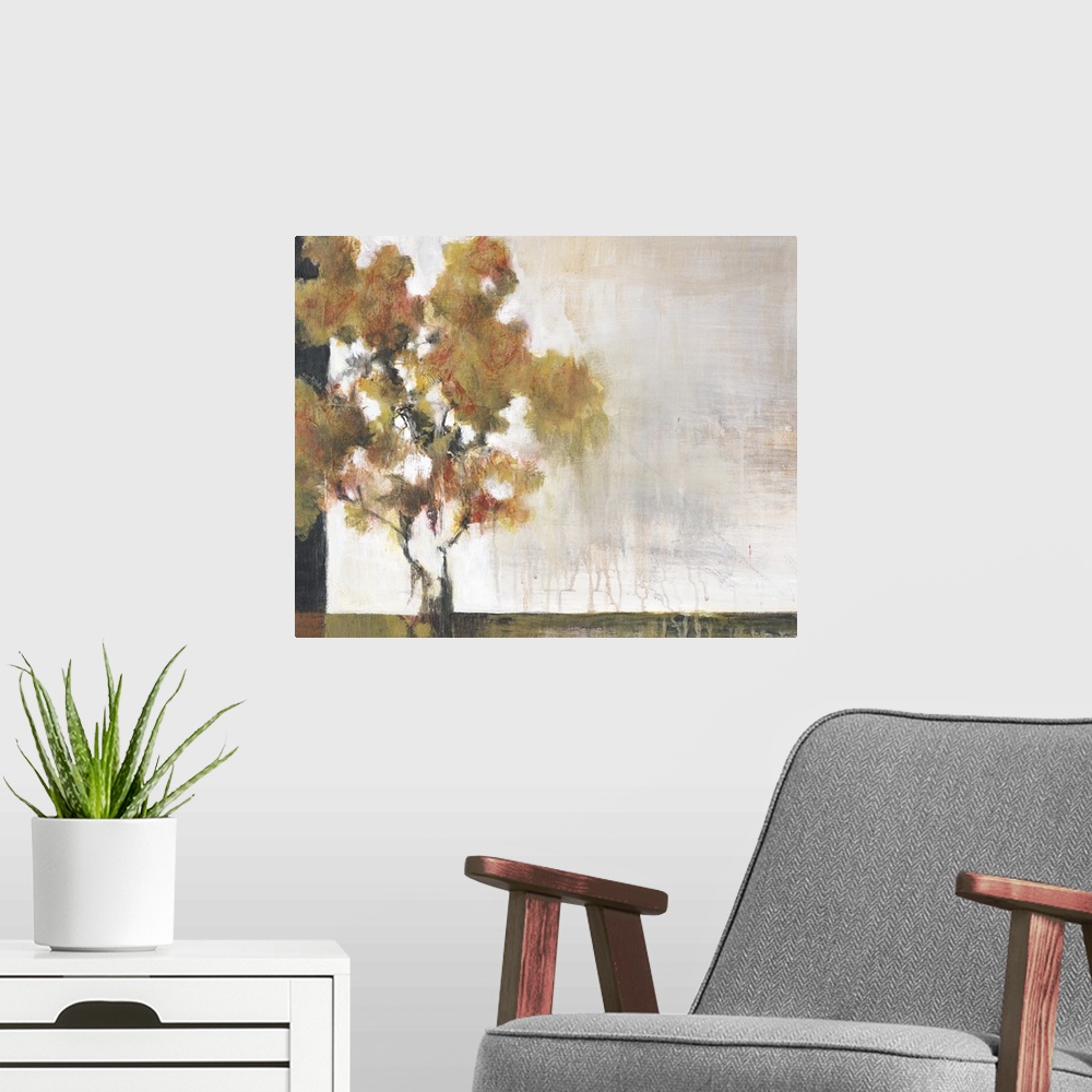 A modern room featuring Contemporary painting of a lone tree using earth tones and weathered textures.