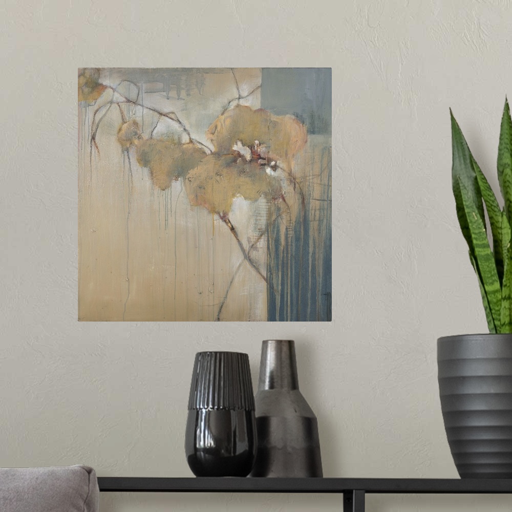A modern room featuring Contemporary abstract painting using muted earthy tones.