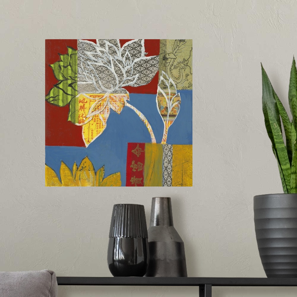 A modern room featuring A square abstract painting of large flowers and leaves in bold primary colors on a square style b...
