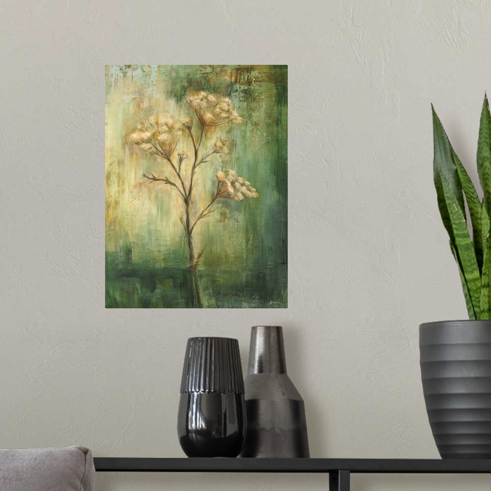 A modern room featuring Contemporary painting of a single flower standing in the center of the image against a washed and...