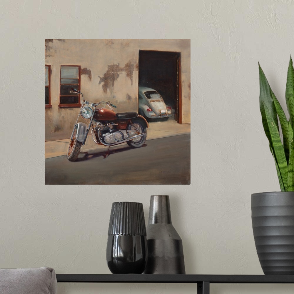 A modern room featuring Contemporary painting of a motorcycle parked outside on the street with a building in the backgro...