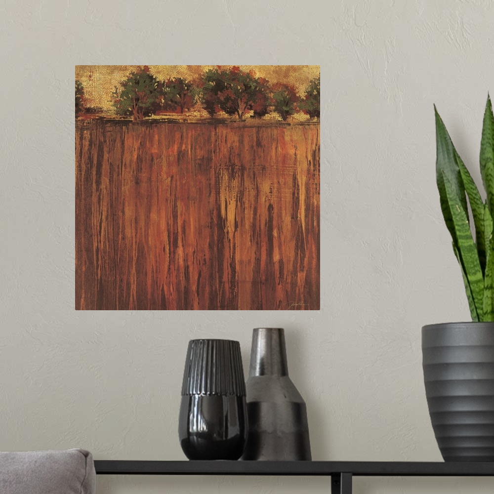 A modern room featuring Contemporary painting of a warm toned field leading to trees in the distance.