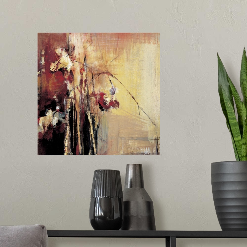 A modern room featuring Warm tones and rough looking textures give this abstract painting depth.