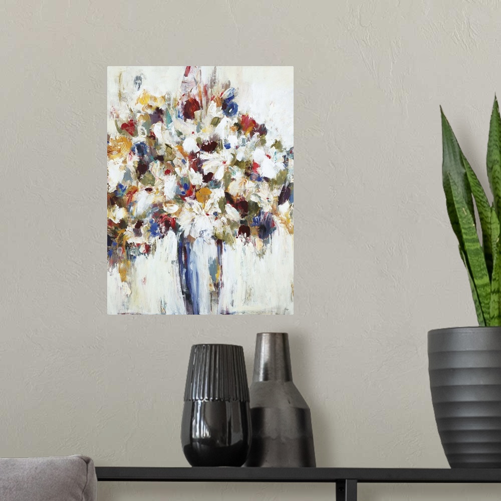 A modern room featuring Contemporary painting of a bouquet of flowers in vibrant colors.
