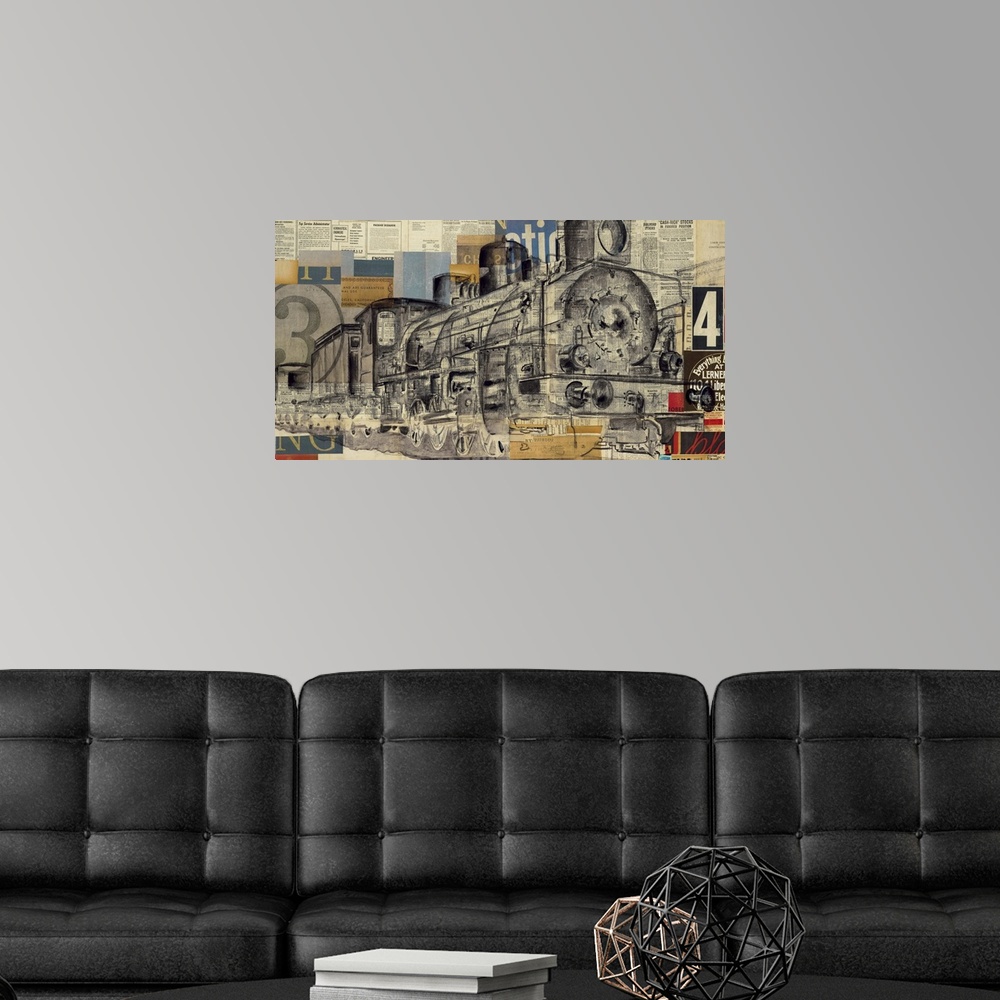 A modern room featuring Collage artwork incorporating numbers and letters over top of the image of a train engine.