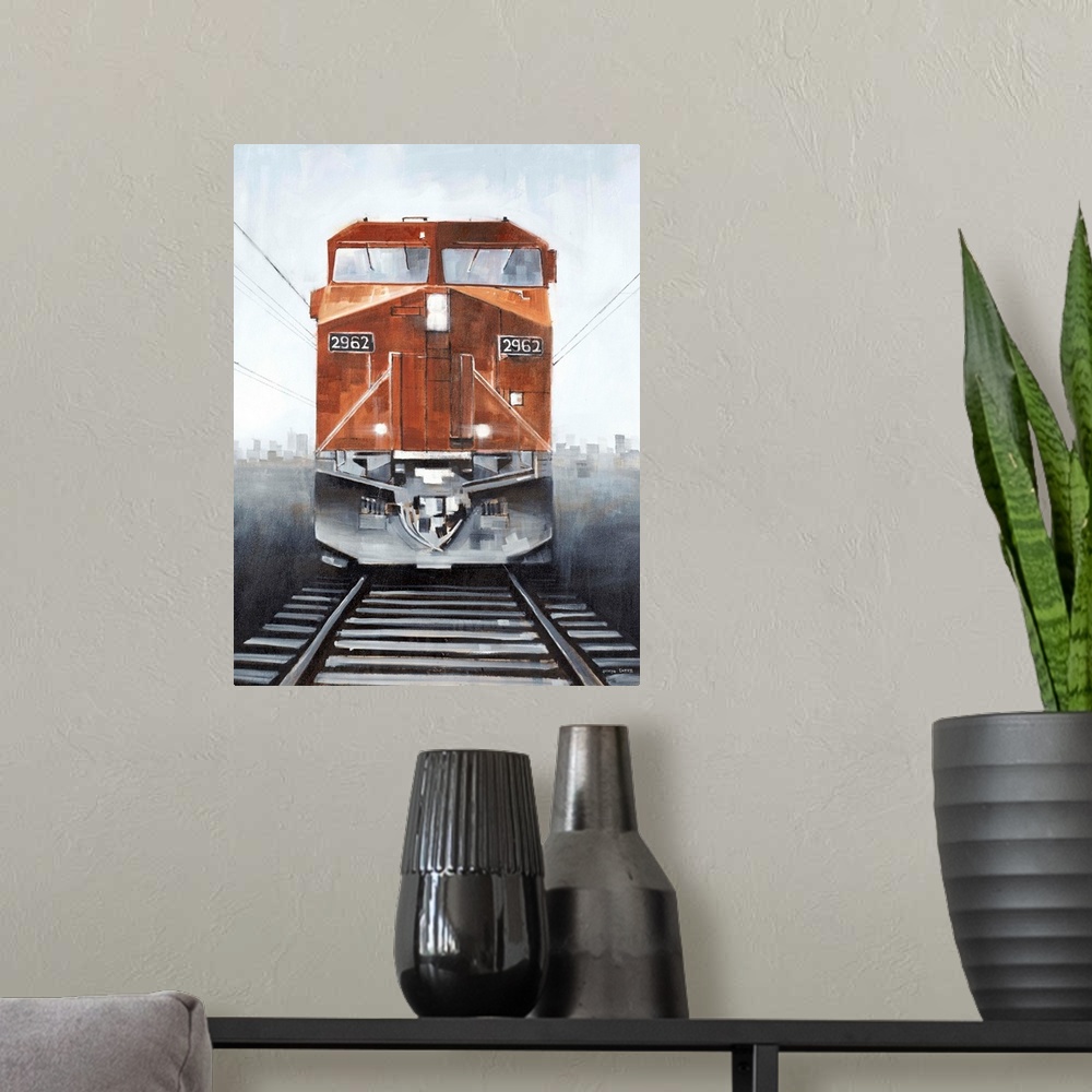 A modern room featuring Contemporary painting of the front of a burnt orange train with the tracks in the foreground and ...
