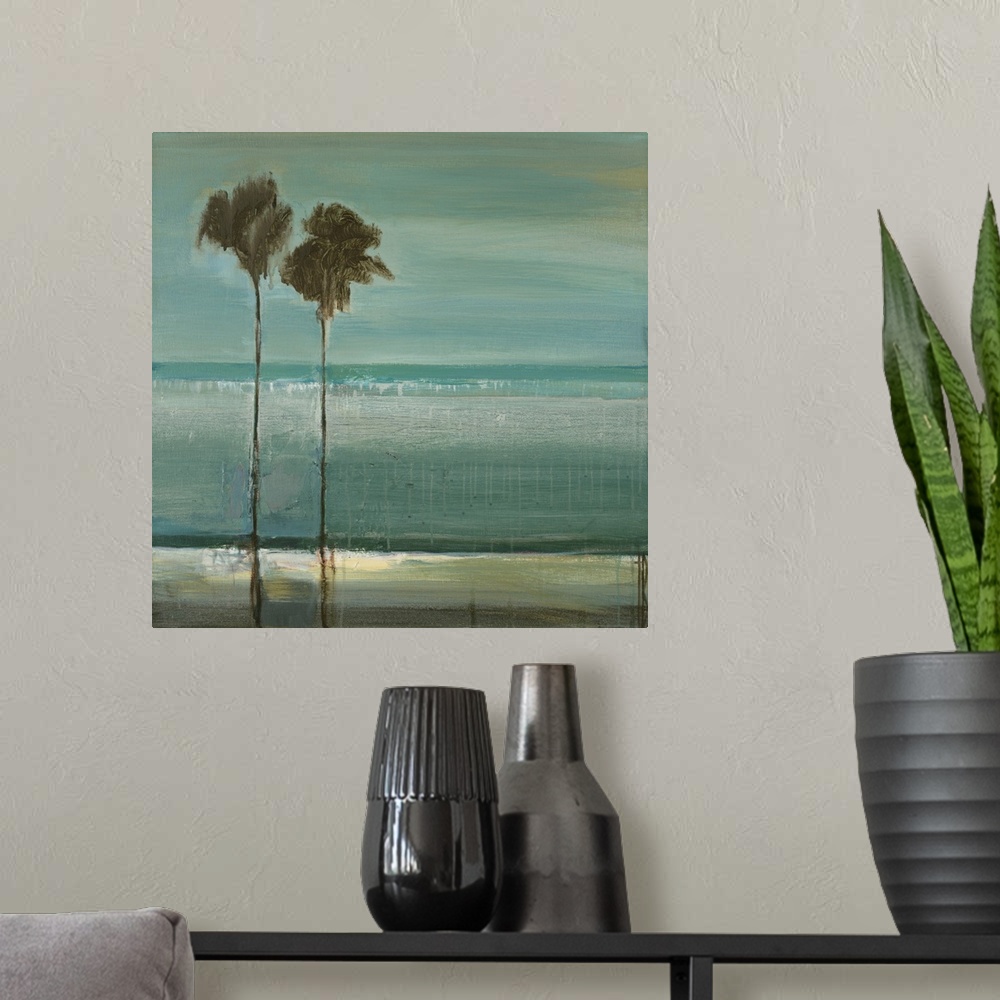 A modern room featuring A contemporary painting of two tall thin palm trees standing against a sea blue background.