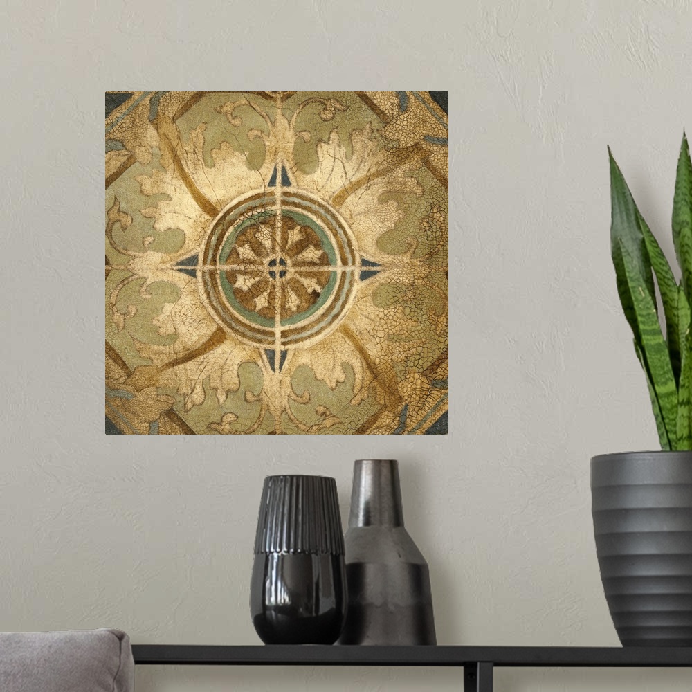 A modern room featuring Contemporary artwork of four rustic tiles that are pieced together to form one large design.