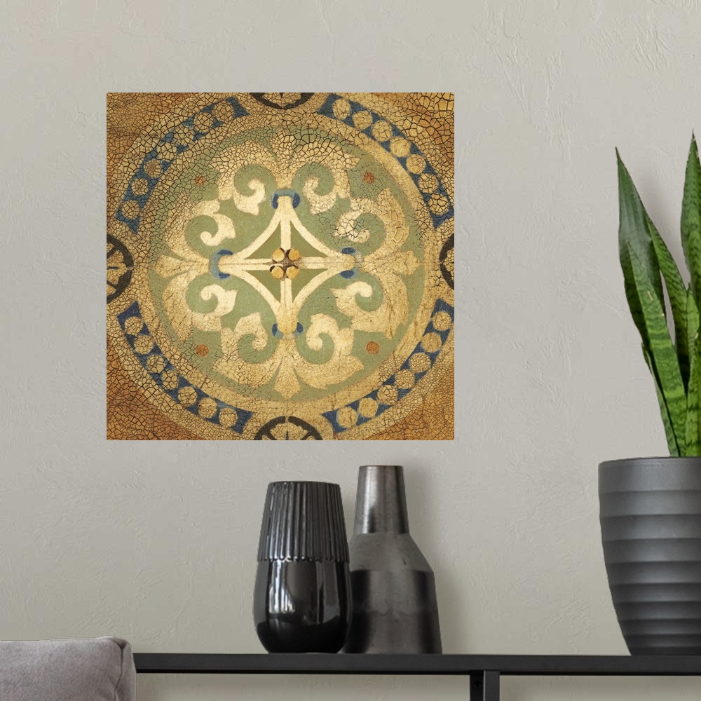 A modern room featuring Contemporary artwork of an antique tile that is crackling in all four corners.