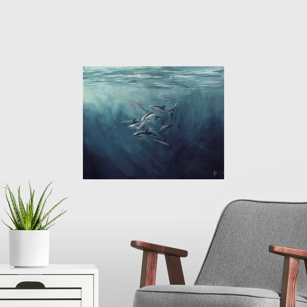 A modern room featuring Pod Of Dolphins