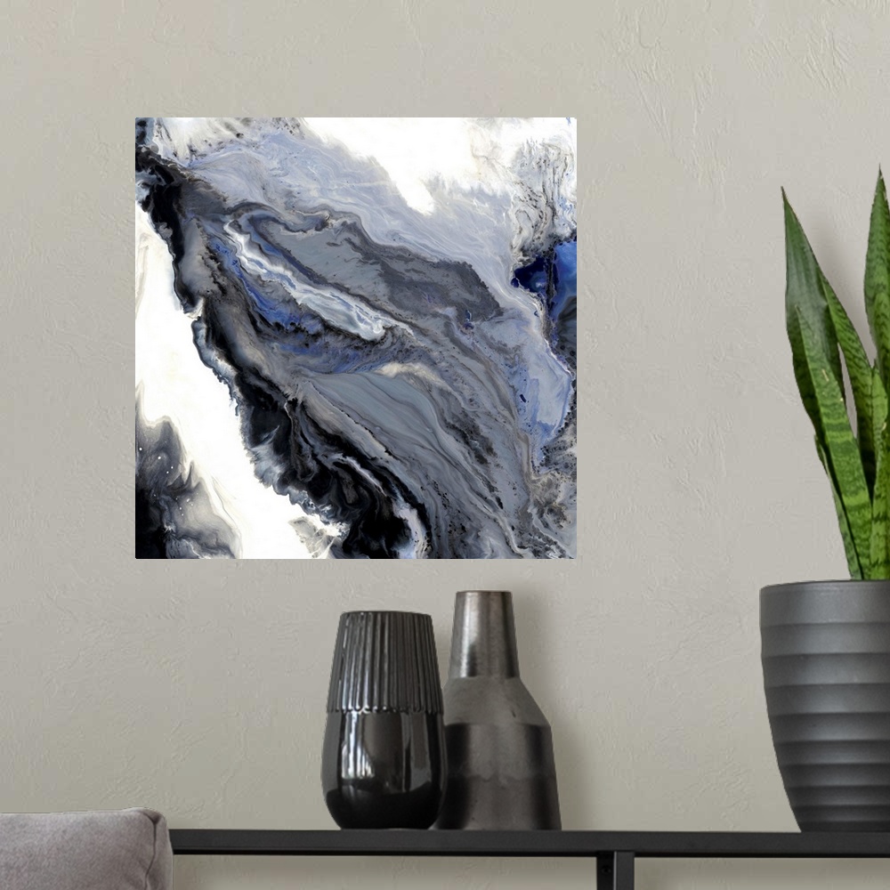 A modern room featuring Gray, white, blue, and black hues marbling together on a square canvas.