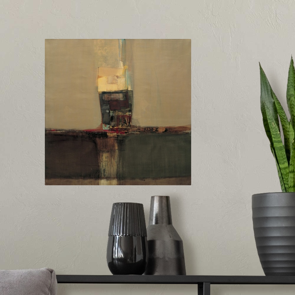 A modern room featuring Contemporary abstract painting using earth tones and geometric shapes.