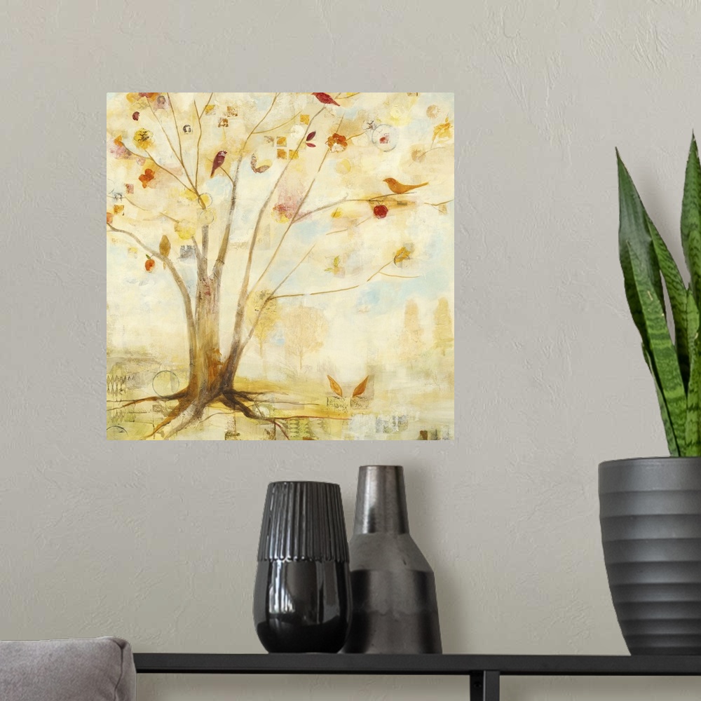A modern room featuring Contemporary painting of a tree in pale golden colors.