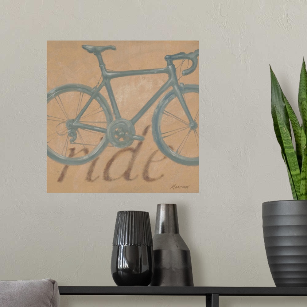 A modern room featuring Up-close painting of bicycle with the text "ride" in the background.