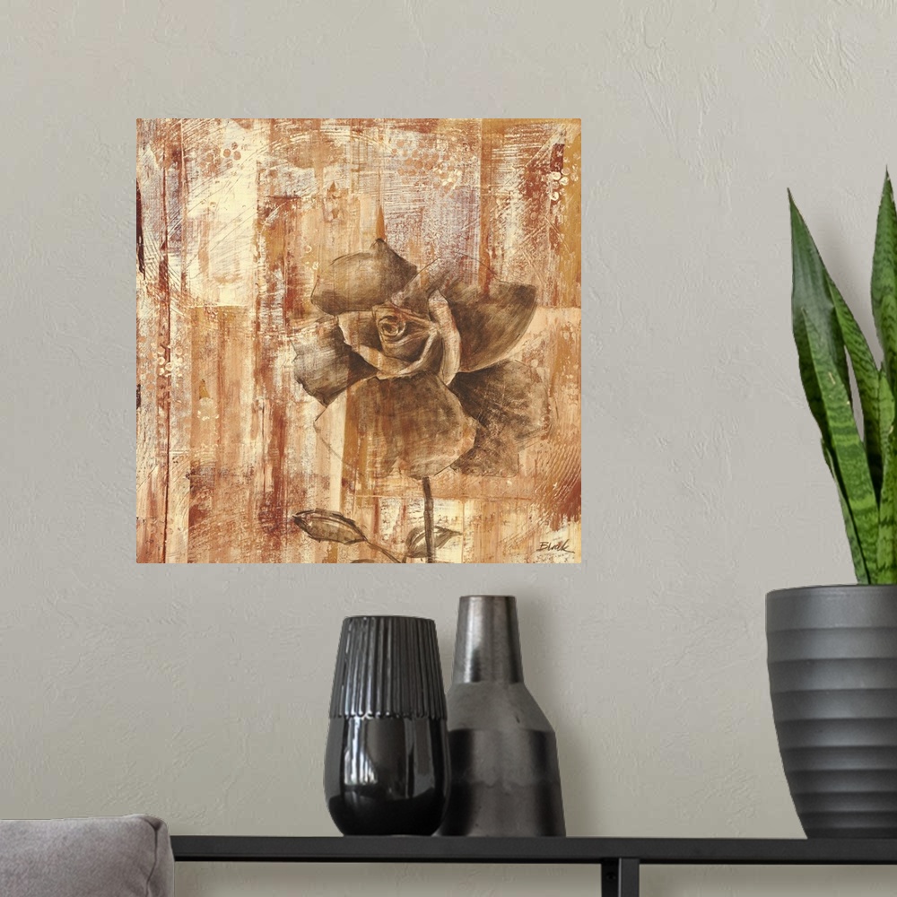 A modern room featuring A contemporary painting of a bronze rose against a weathered bronze background.