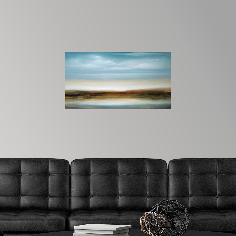 A modern room featuring A contemporary abstract painting of a smooth blue horizon.