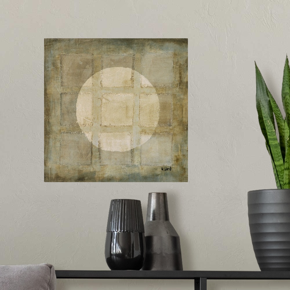 A modern room featuring A modern painting of nine squares with a light colored circle overlapping, all in varies shades o...