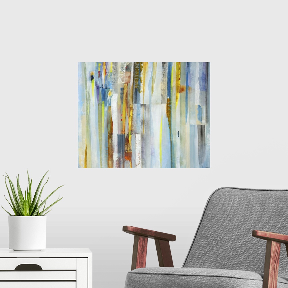 A modern room featuring Contemporary abstract painting of vertical multi-colored lines in pale tones.