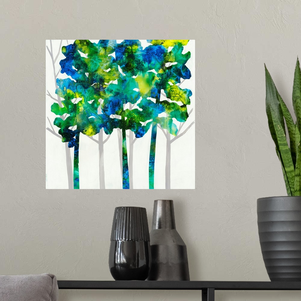 A modern room featuring Tall Trees VIII