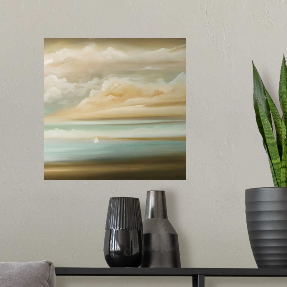 A modern room featuring A square painting of a seascape, with a cloud filled sky and small white sailboats in the distanc...