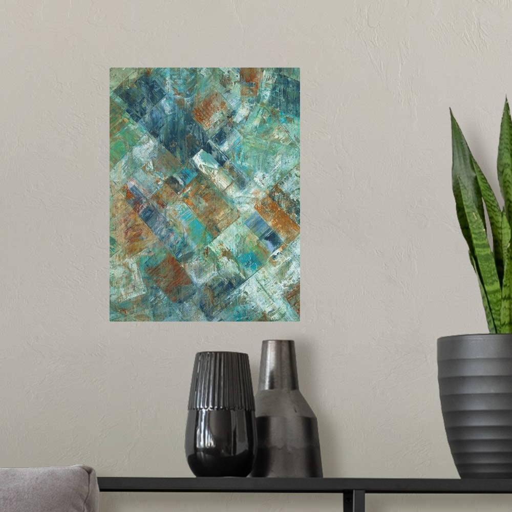 A modern room featuring Vertical abstract painting of various patches of grungy colors.