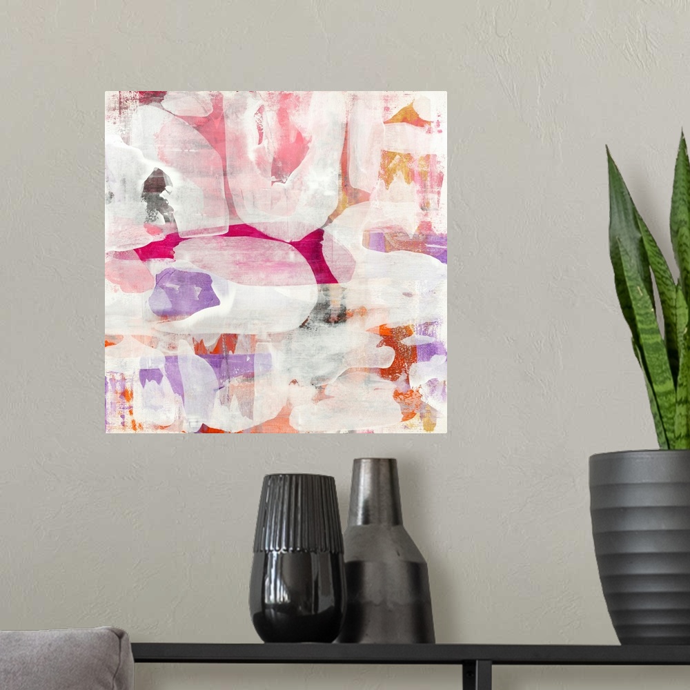 A modern room featuring A square, feminine, contemporary abstract painting with layers of white shapes overlapping tones ...