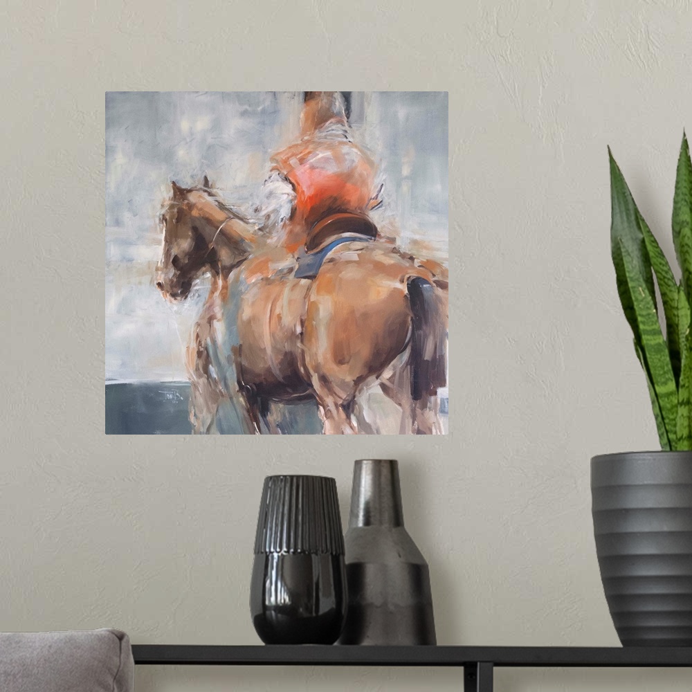A modern room featuring This contemporary artwork features a rider in red robes on a horse created from impressionistic b...
