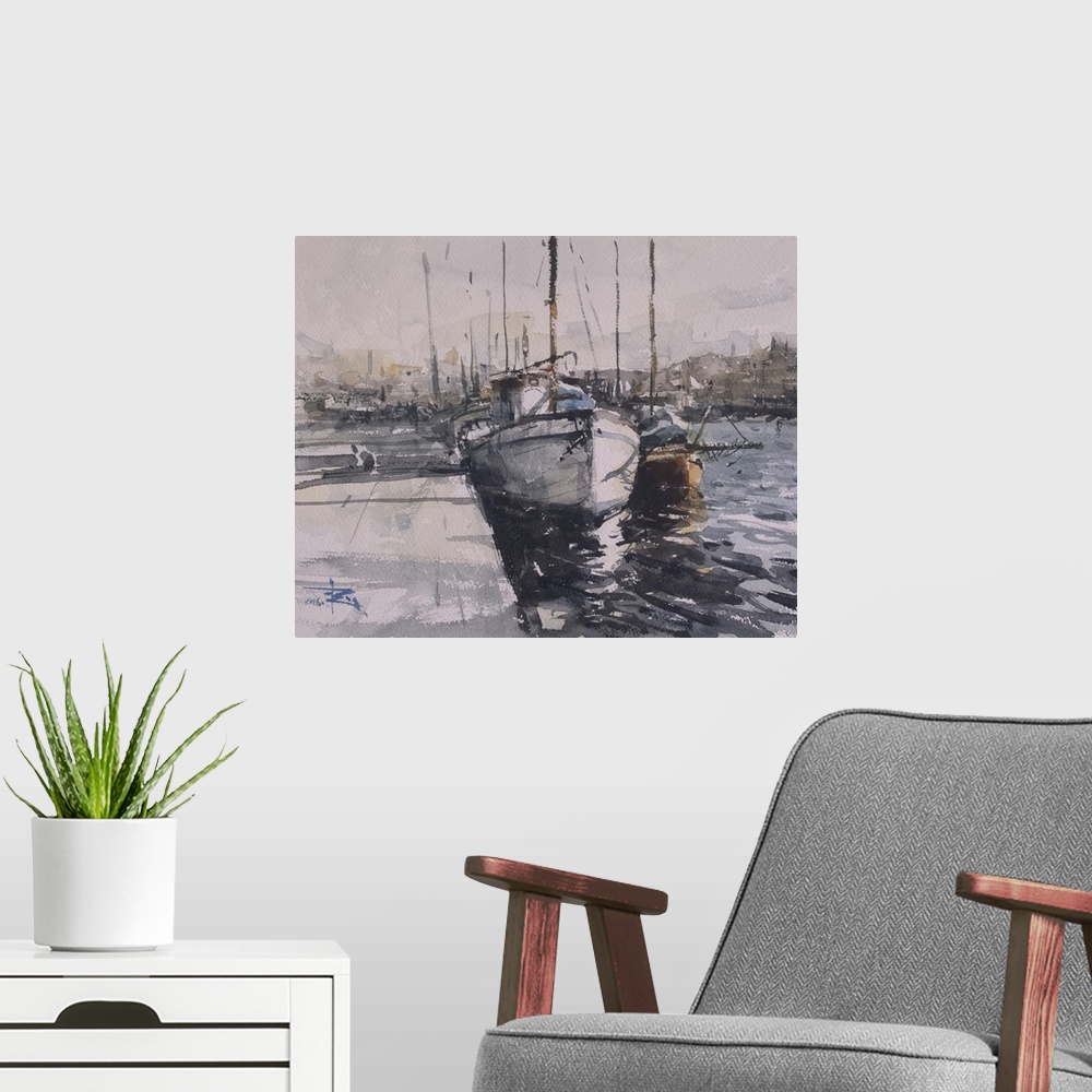 A modern room featuring This contemporary artwork features dry watercolor brush strokes and heavy shadows to create boats...