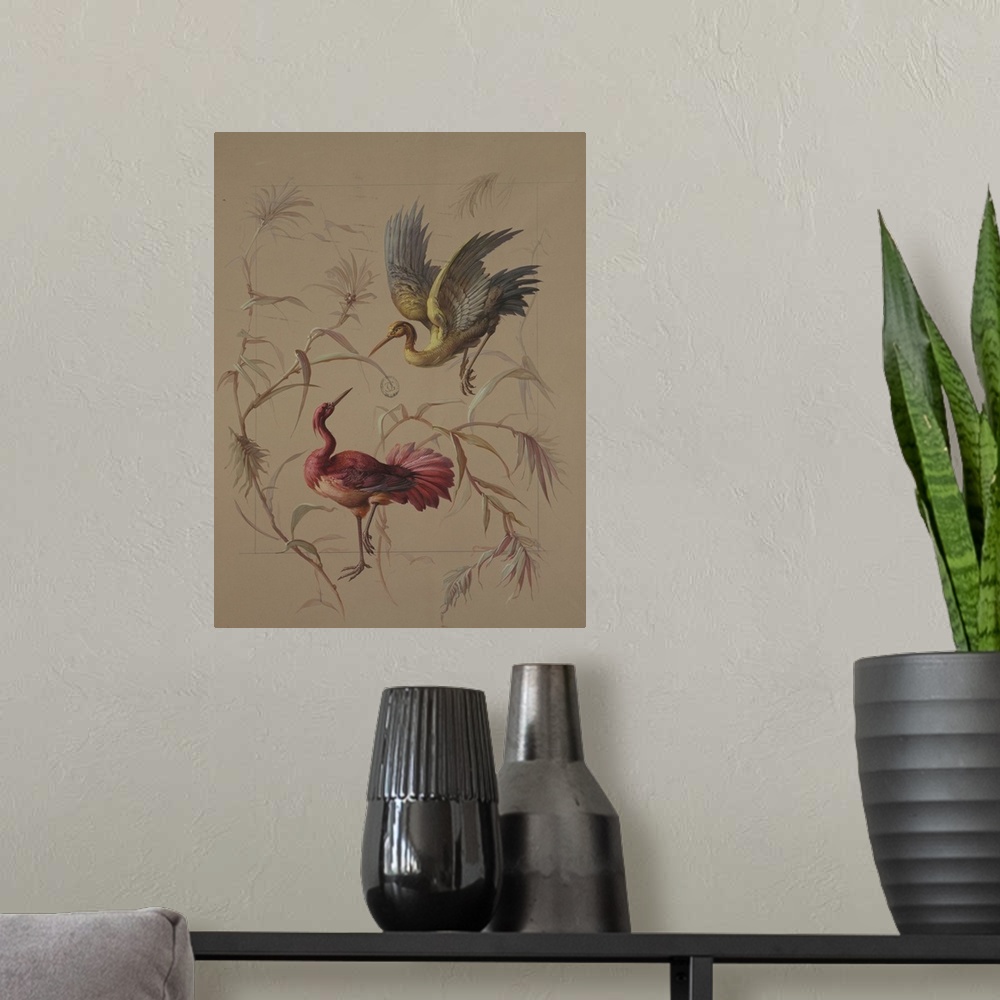 A modern room featuring Two birds surrounded by branches with leaves. Red bird stands on ground with one leg lifted facin...