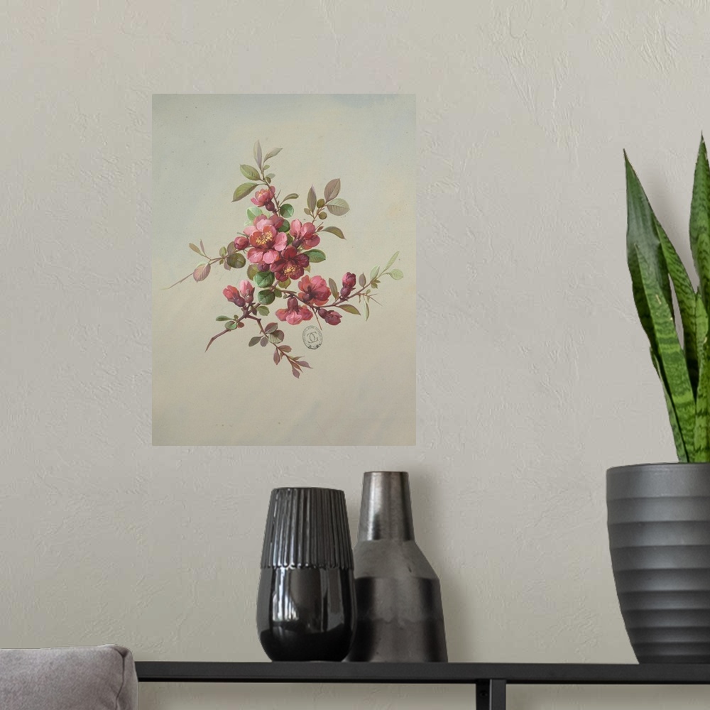 A modern room featuring Cluster of pink and red blossoms and blooms surrounded by foliage.
