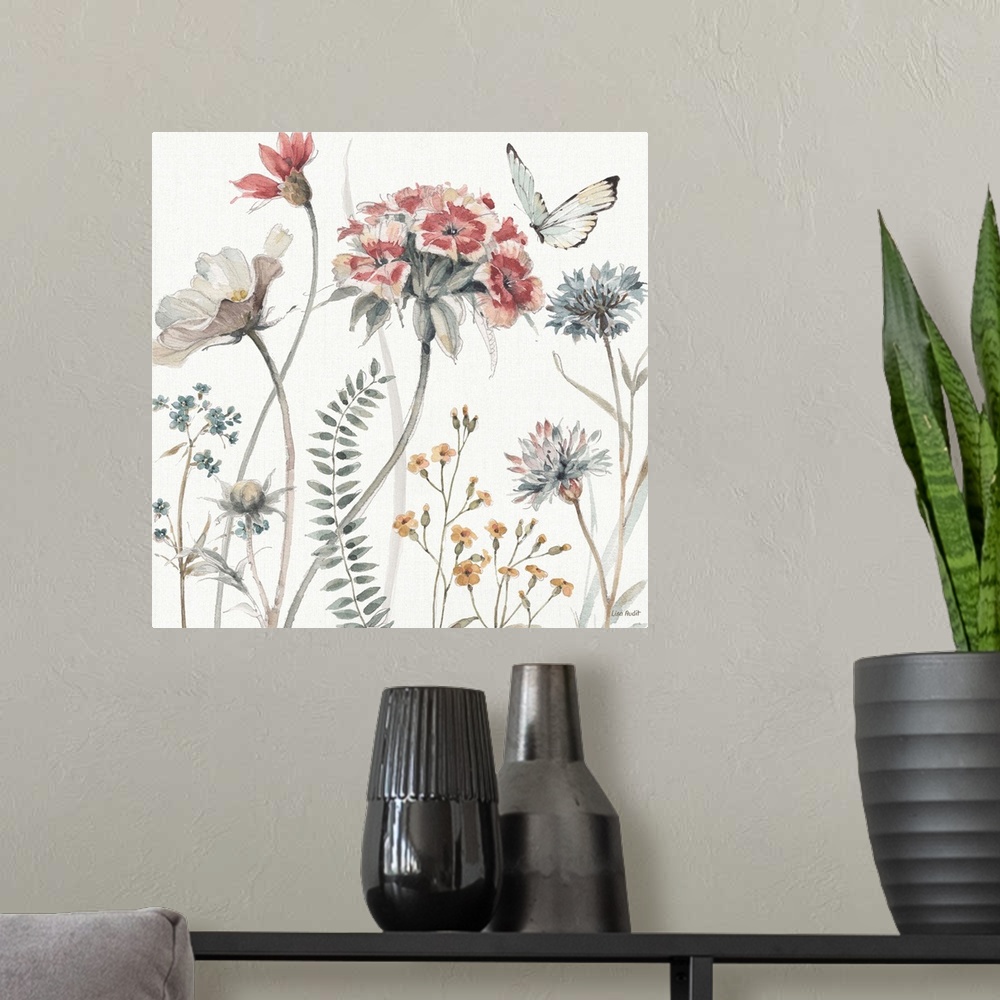 A modern room featuring A square decorative watercolor painting of a group of country wild flowers and butterfly on a whi...