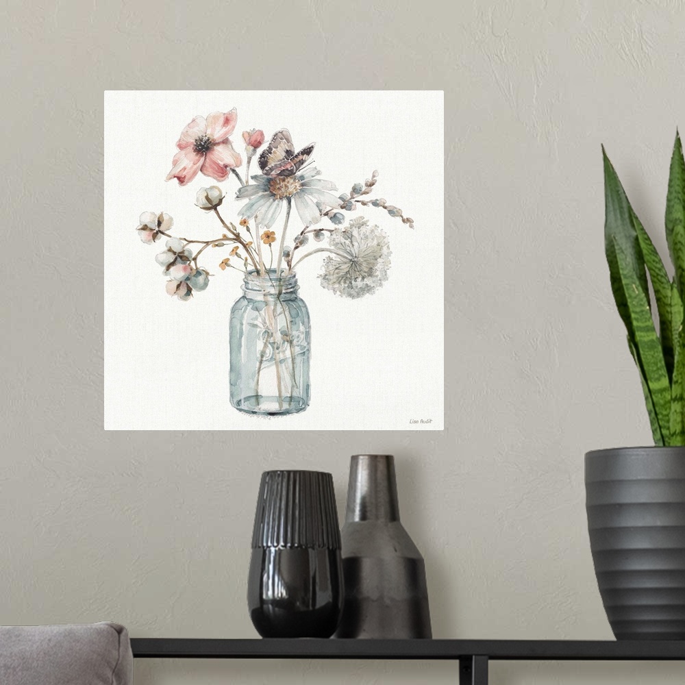 A modern room featuring Decorative artwork of watercolor flowers in a mason jar over a white background.