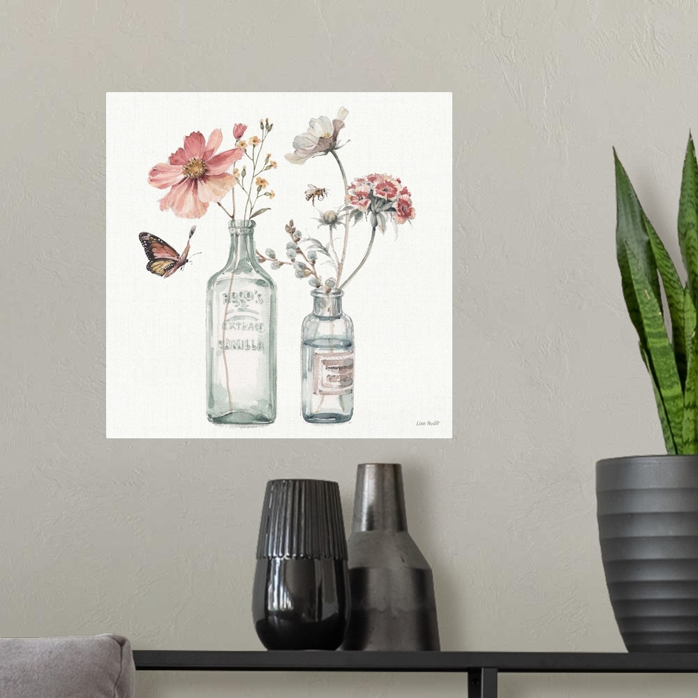 A modern room featuring Decorative artwork of watercolor flowers in a glasses over a white background.