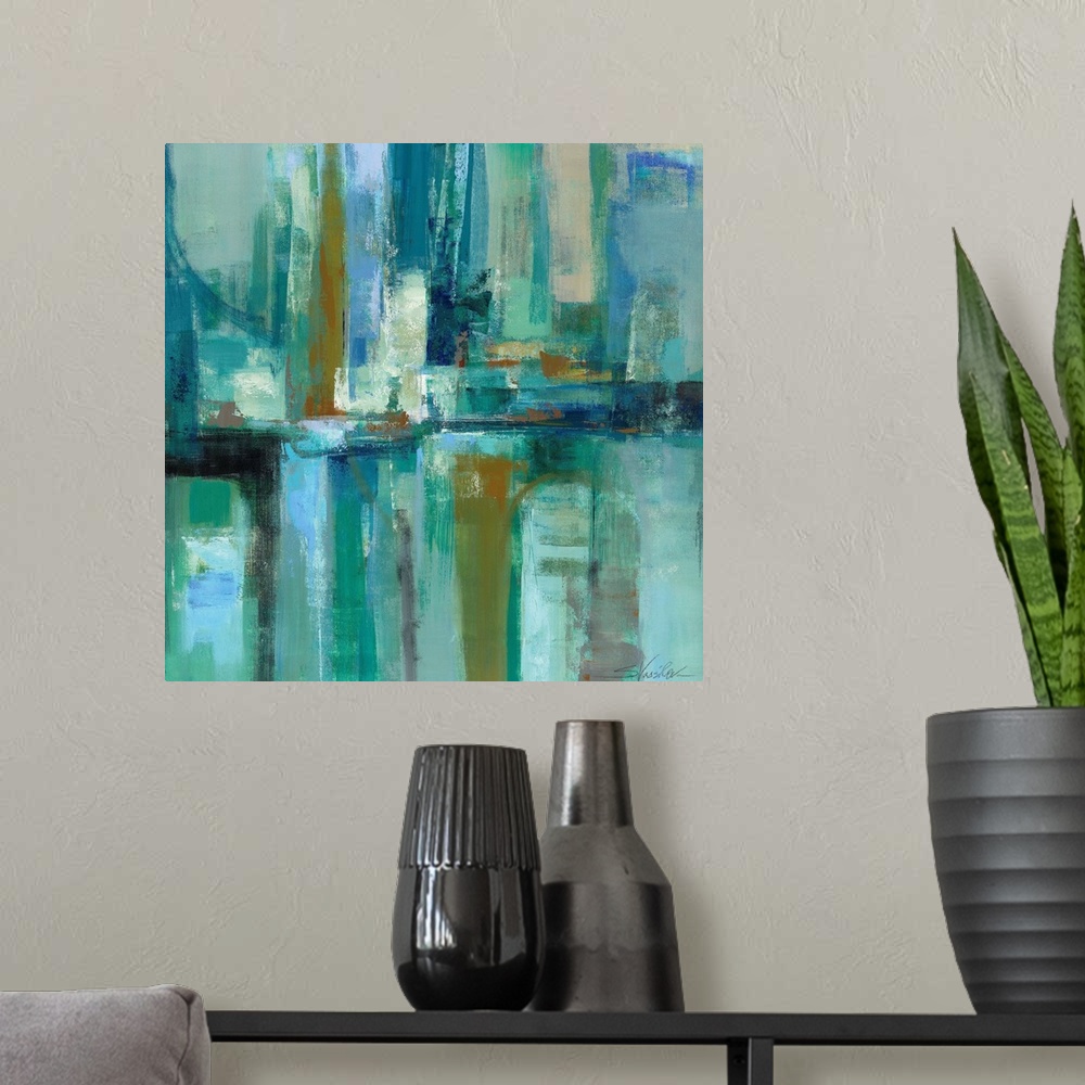 A modern room featuring Contemporary abstract painting of rectangular blocks of color in cool tones.