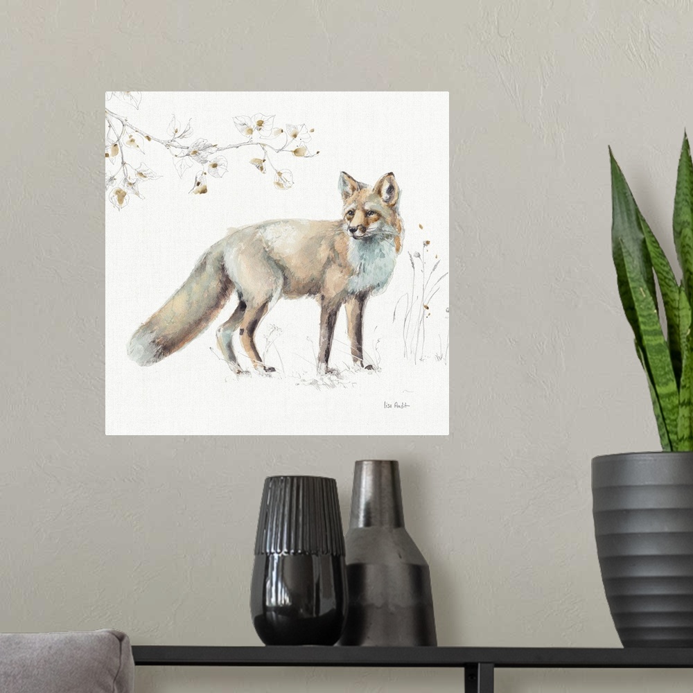 A modern room featuring Decorative artwork of a watercolor fox perched on a branch against a white background.
