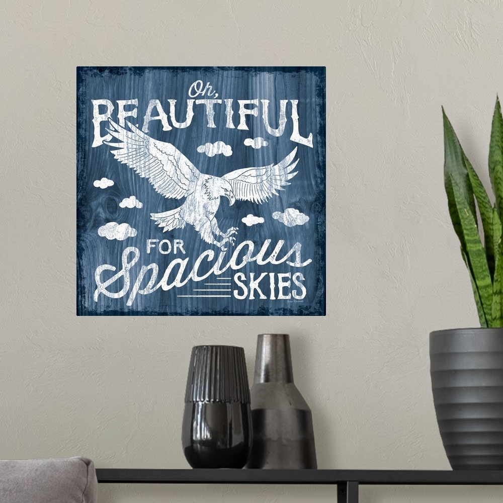 A modern room featuring Contemporary cabin themed artwork of a distressed sign.