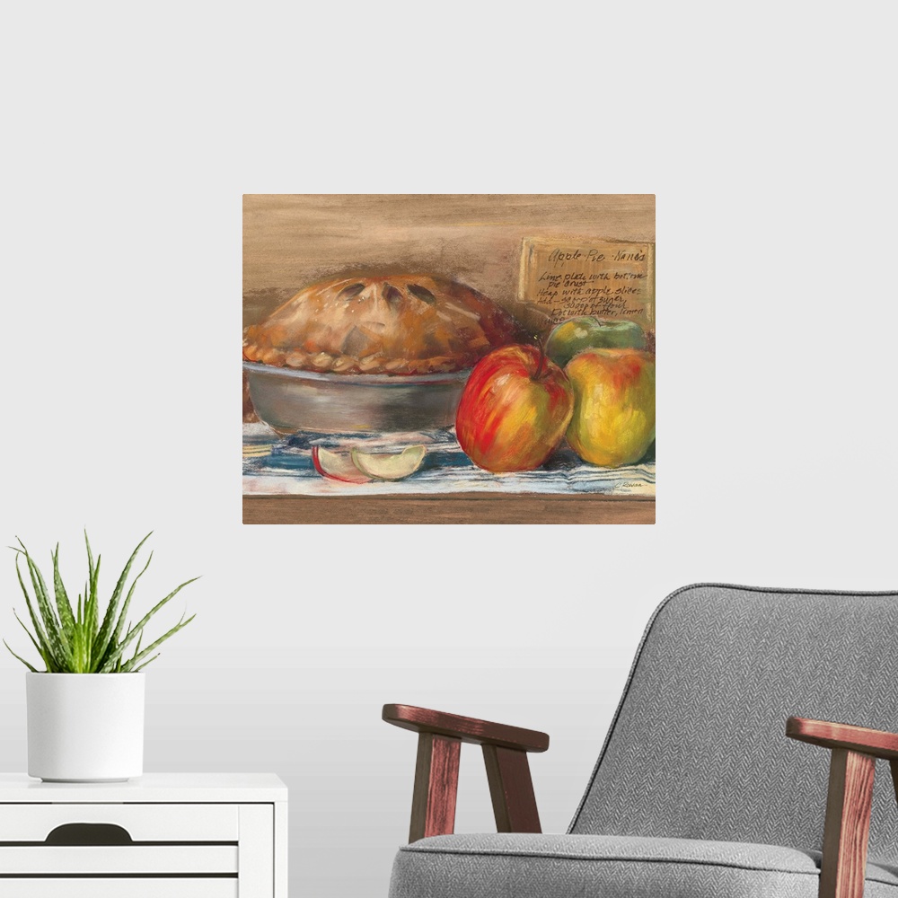 A modern room featuring Contemporary painting of a pie next to two apples.
