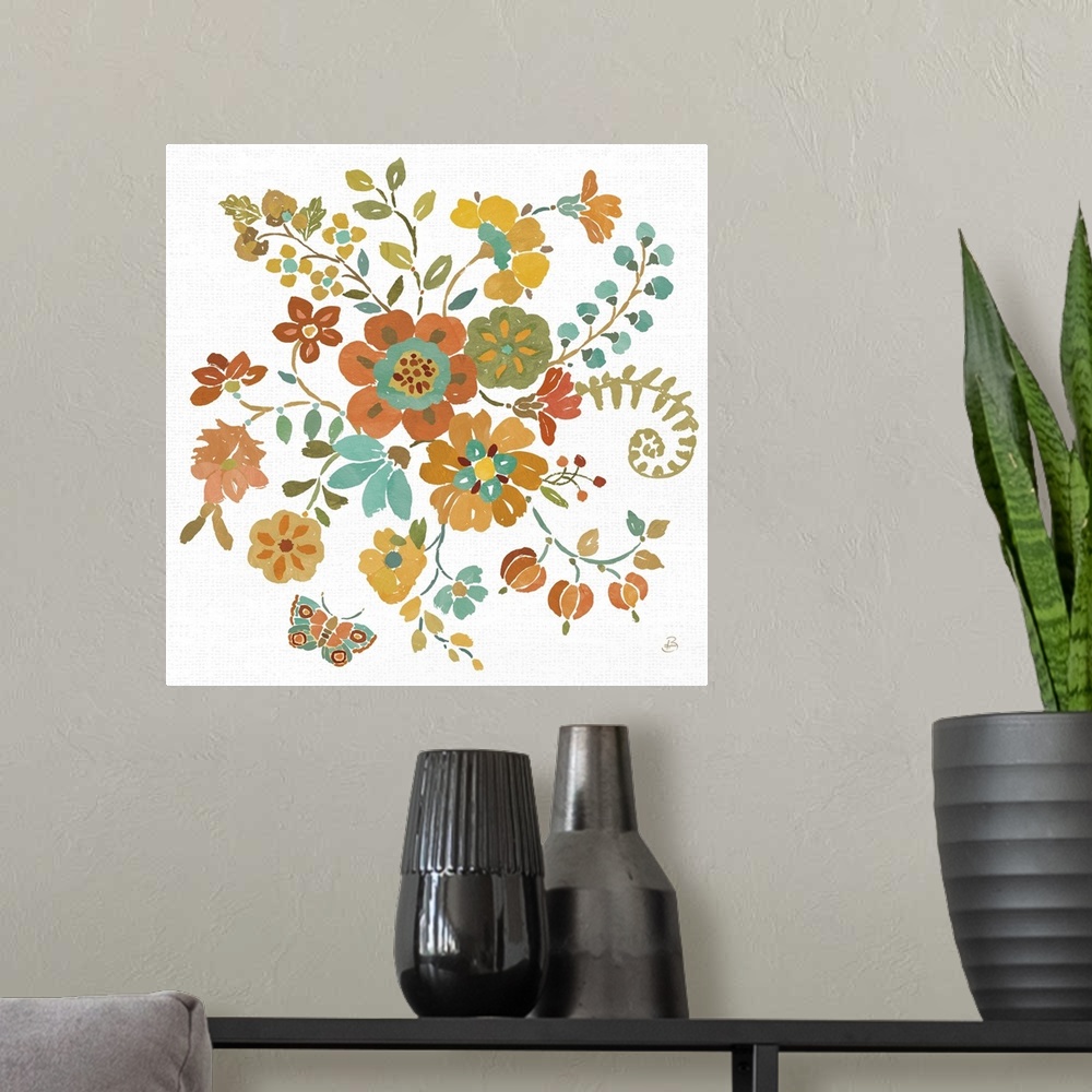 A modern room featuring Illustrated Autumn flowers and a butterfly on a white, square background with faint, grey dots.