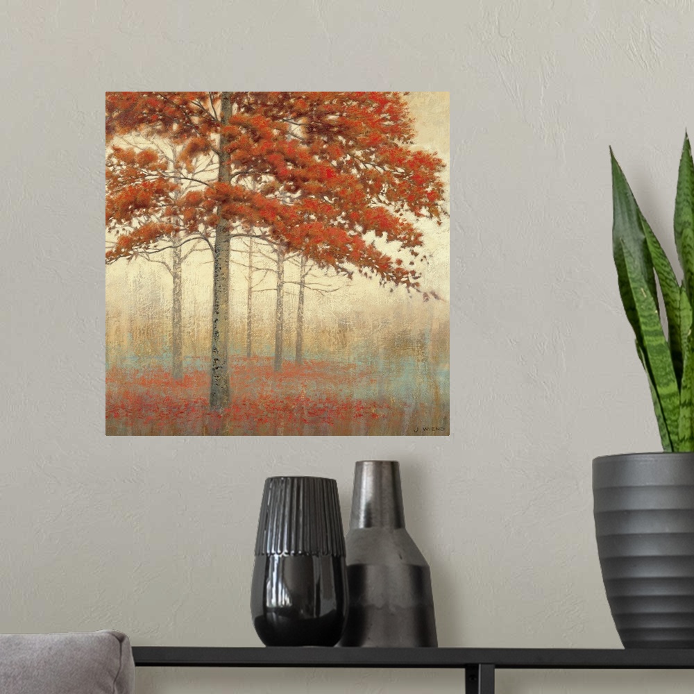 A modern room featuring Brushstroke painting of a tree with fall colors in a small forest with a bed of flowers at it's b...