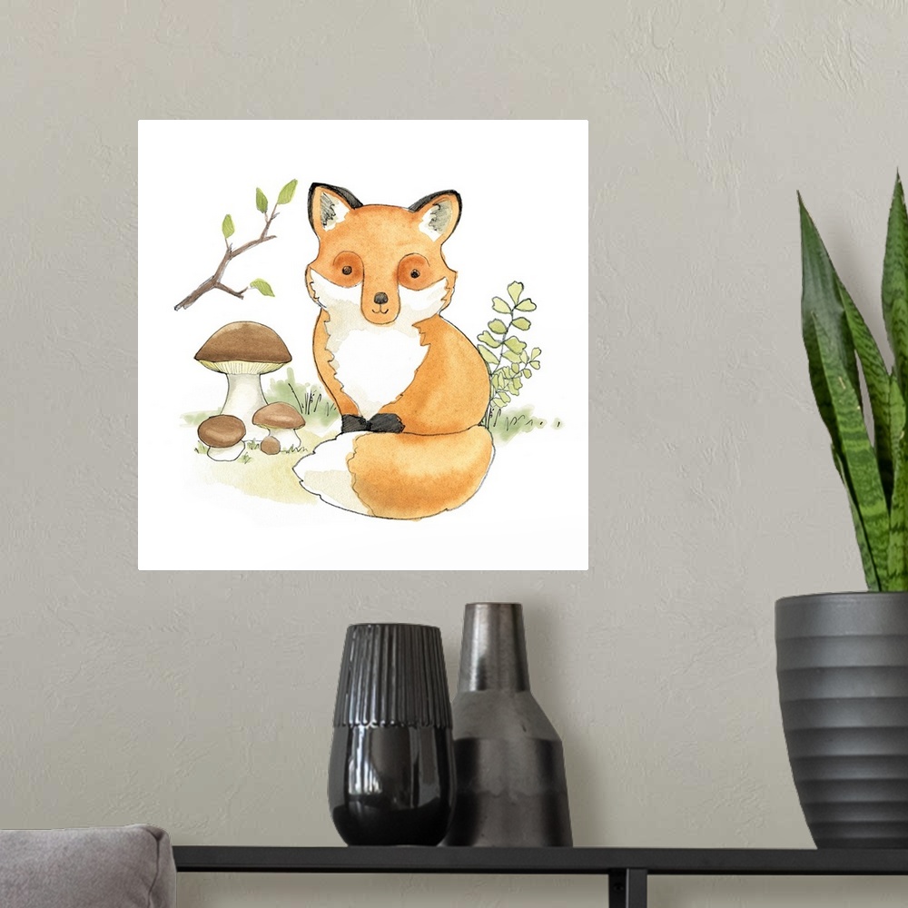 A modern room featuring Watercolor painting of a baby fox surrounded by plants and mushrooms.