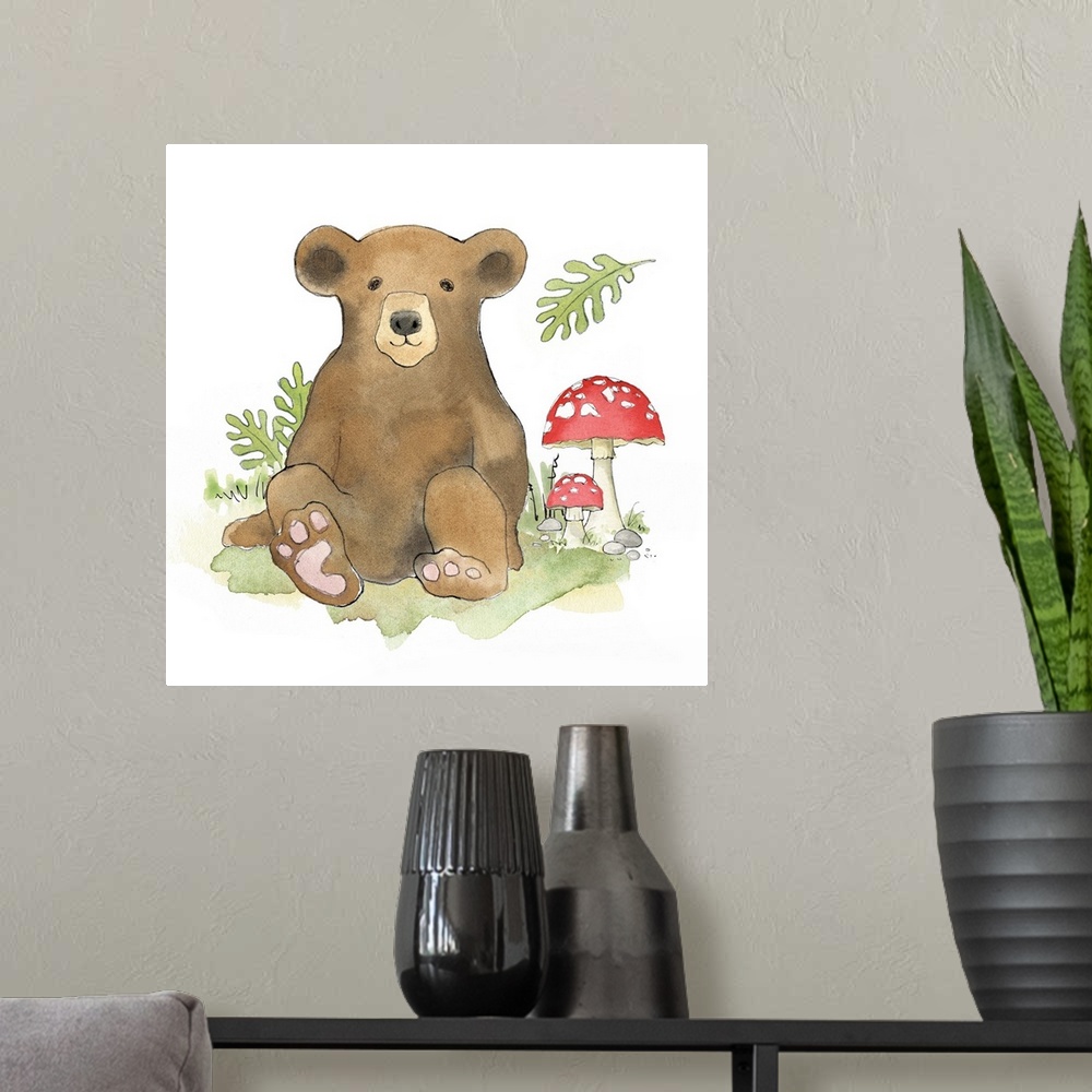 A modern room featuring Watercolor painting of a baby brown bear surrounded by plants and mushrooms.