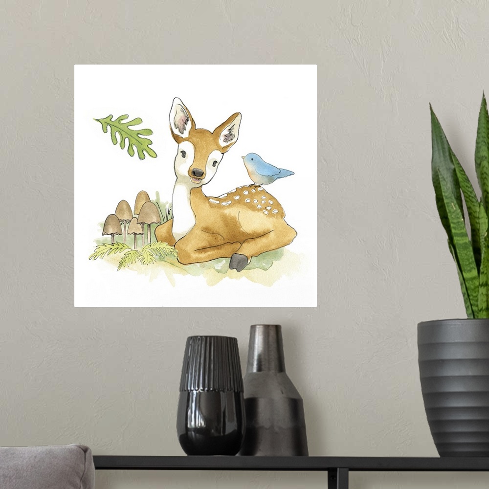 A modern room featuring Watercolor painting of a fawn with a blue songbird surrounded by plants and mushrooms.