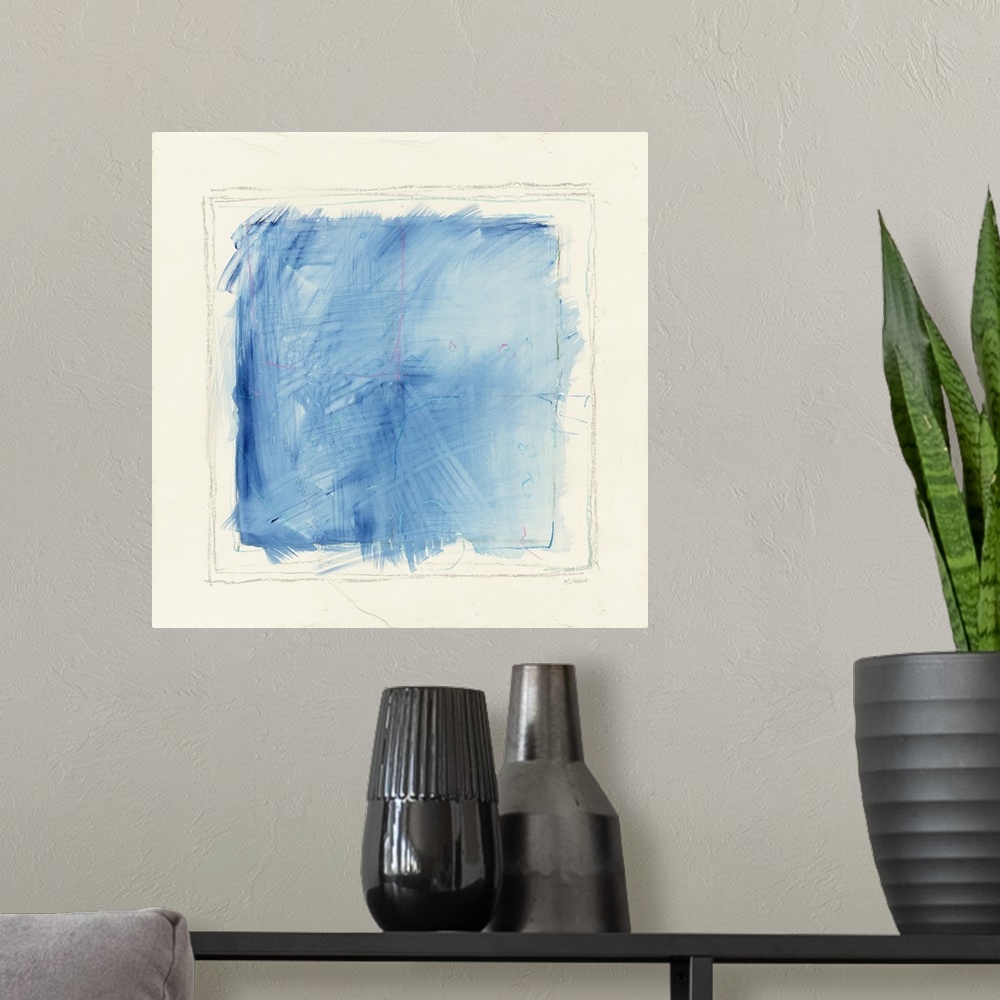 A modern room featuring Abstract artwork with a blue square inside of pencil drawn squares on a white square background.