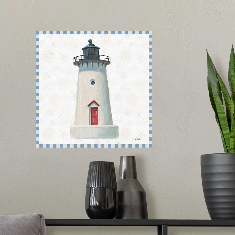A modern room featuring Painted beach decor with a lighthouse in the center and a blue and off-white checkered border.